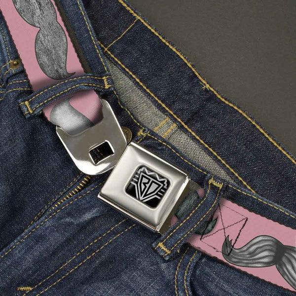 Buckle-Down BD Wings Logo CLOSE-UP Full Color Black Silver Seatbelt Belt - Mustaches Pink/Sketch Webbing