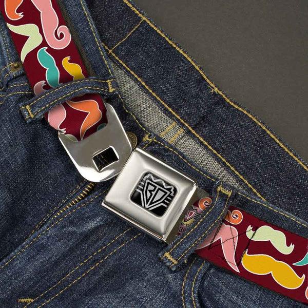 Buckle-Down BD Wings Logo CLOSE-UP Full Color Black Silver Seatbelt Belt - Mustaches Brown/Multi Pastel Webbing