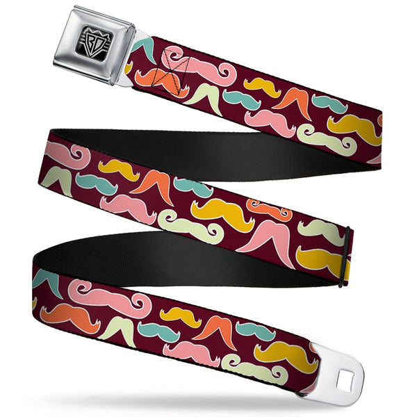 Buckle-Down BD Wings Logo CLOSE-UP Full Color Black Silver Seatbelt Belt - Mustaches Brown/Multi Pastel Webbing