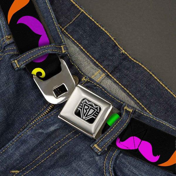 Buckle-Down BD Wings Logo CLOSE-UP Full Color Black Silver Seatbelt Belt - Mustaches Black/Multi Color Webbing