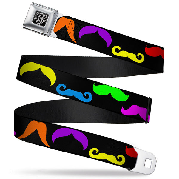 Buckle-Down BD Wings Logo CLOSE-UP Full Color Black Silver Seatbelt Belt - Mustaches Black/Multi Color Webbing