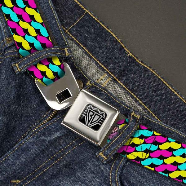 Buckle-Down BD Wings Logo CLOSE-UP Full Color Black Silver Seatbelt Belt - Mustache Monogram Black/Fuchsia/Turquoise/Yellow Webbing