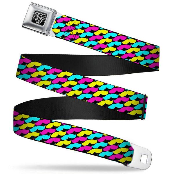 Buckle-Down BD Wings Logo CLOSE-UP Full Color Black Silver Seatbelt Belt - Mustache Monogram Black/Fuchsia/Turquoise/Yellow Webbing
