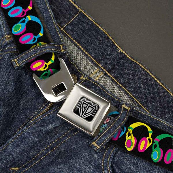 Buckle-Down BD Wings Logo CLOSE-UP Full Color Black Silver Seatbelt Belt - Headphones Black/Neon Webbing