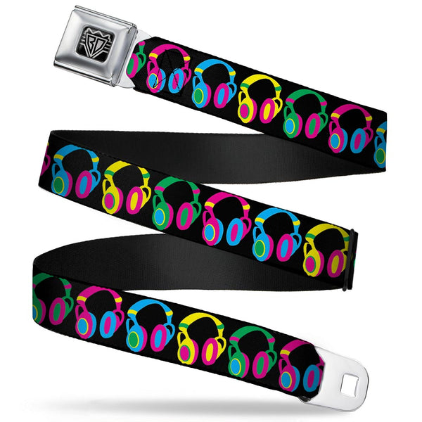 Buckle-Down BD Wings Logo CLOSE-UP Full Color Black Silver Seatbelt Belt - Headphones Black/Neon Webbing