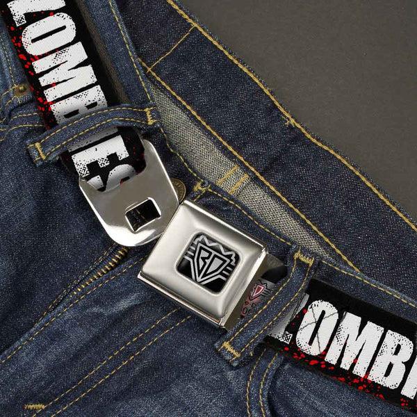 Buckle-Down BD Wings Logo CLOSE-UP Full Color Black Silver Seatbelt Belt - I "Heart" ZOMBIES Bold Splatter Black/White/Red Webbing