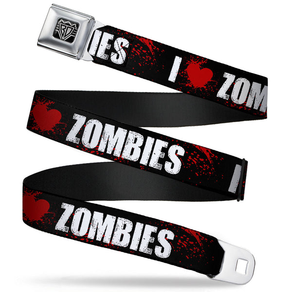 Buckle-Down BD Wings Logo CLOSE-UP Full Color Black Silver Seatbelt Belt - I "Heart" ZOMBIES Bold Splatter Black/White/Red Webbing