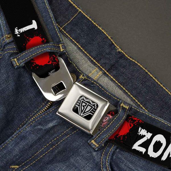 Buckle-Down BD Wings Logo CLOSE-UP Full Color Black Silver Seatbelt Belt - I "Heart" ZOMBIES Bloody Splatter Black/White/Red Webbing