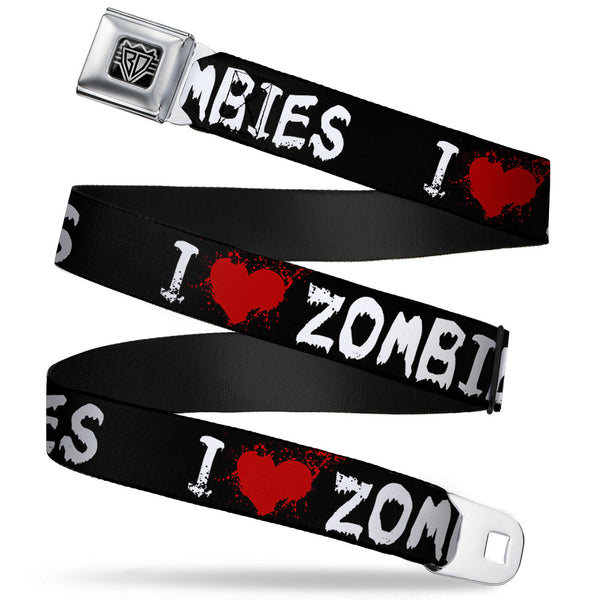Buckle-Down BD Wings Logo CLOSE-UP Full Color Black Silver Seatbelt Belt - I "Heart" ZOMBIES Bloody Splatter Black/White/Red Webbing