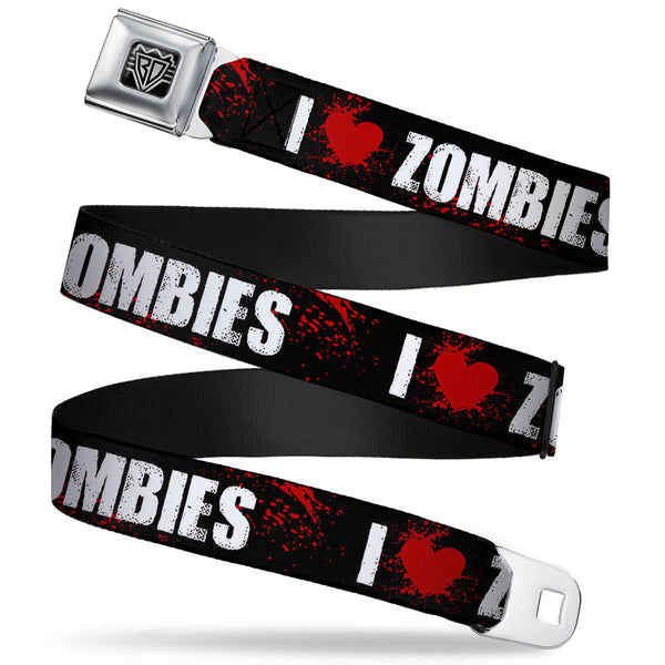 Buckle-Down BD Wings Logo CLOSE-UP Full Color Black Silver Seatbelt Belt - I "HEART" ZOMBIES Black/White/Red Splatter Webbing