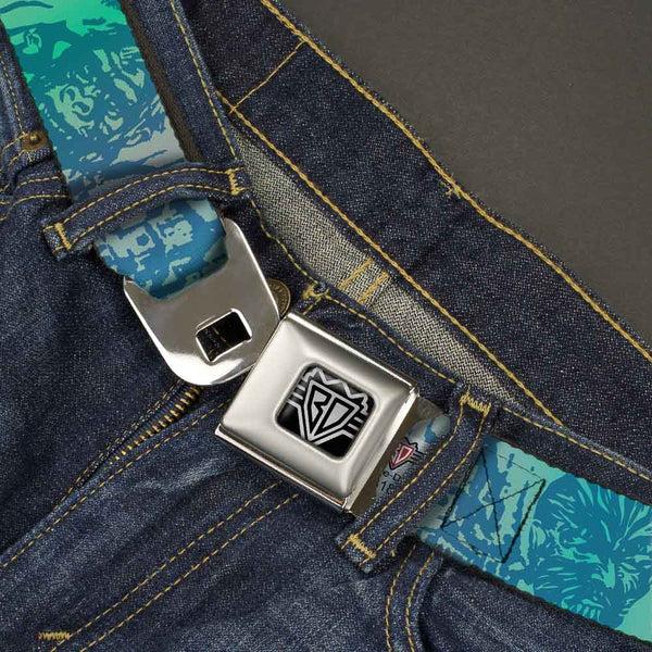 Buckle-Down BD Wings Logo CLOSE-UP Full Color Black Silver Seatbelt Belt - Retro Monster Aqua Webbing