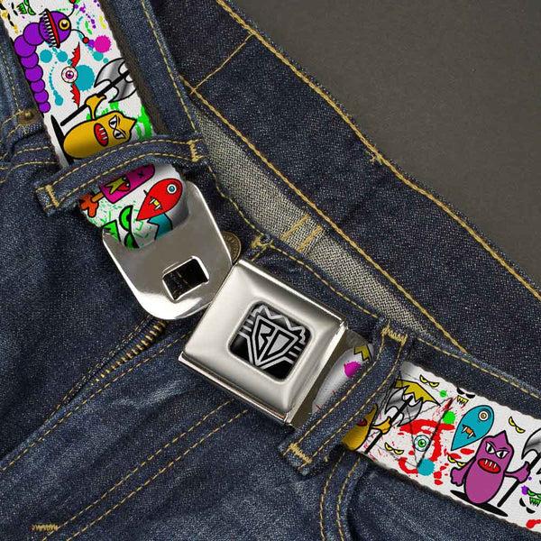Buckle-Down BD Wings Logo CLOSE-UP Full Color Black Silver Seatbelt Belt - Monsters White Webbing