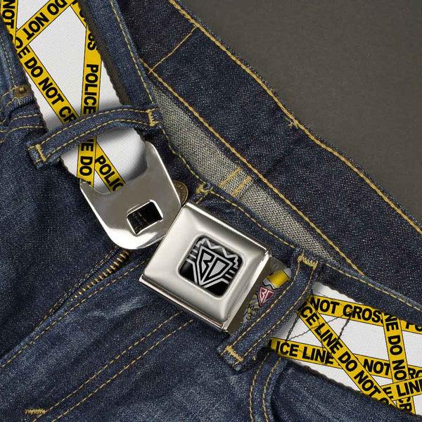 Buckle-Down BD Wings Logo CLOSE-UP Full Color Black Silver Seatbelt Belt - Police Line White/Yellow Webbing