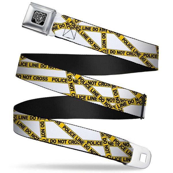 Buckle-Down BD Wings Logo CLOSE-UP Full Color Black Silver Seatbelt Belt - Police Line White/Yellow Webbing