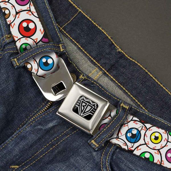 Buckle-Down BD Wings Logo CLOSE-UP Full Color Black Silver Seatbelt Belt - Eyeballs Stacked Webbing