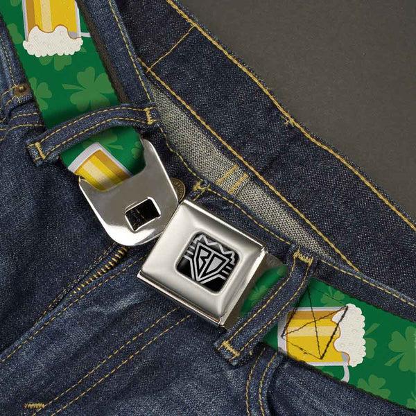 Buckle-Down BD Wings Logo CLOSE-UP Full Color Black Silver Seatbelt Belt - St. Pat's Clovers/Beer Mugs Greens Webbing