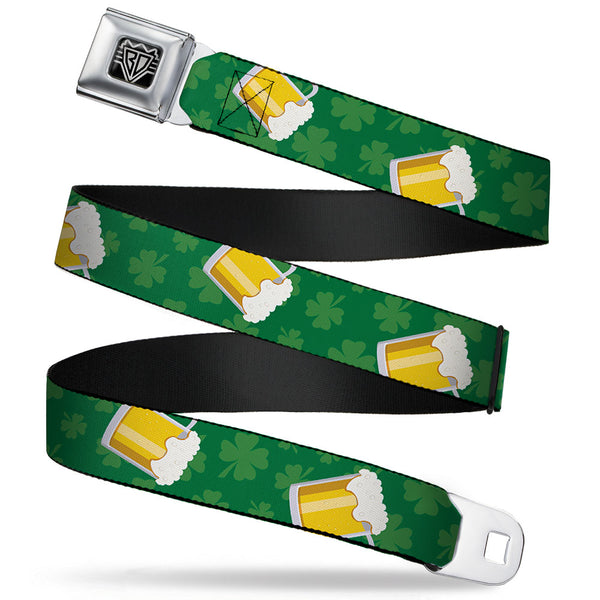 Buckle-Down BD Wings Logo CLOSE-UP Full Color Black Silver Seatbelt Belt - St. Pat's Clovers/Beer Mugs Greens Webbing