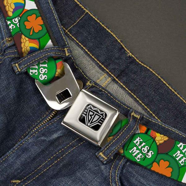 Buckle-Down BD Wings Logo CLOSE-UP Full Color Black Silver Seatbelt Belt - St. Pat's 4-Buttons Stacked Webbing