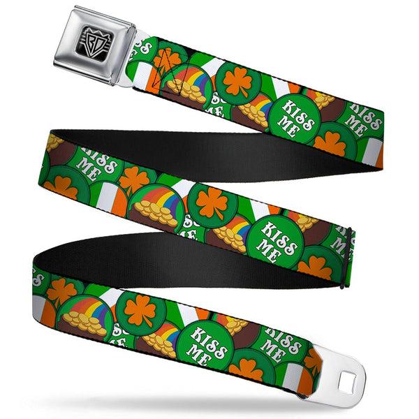 Buckle-Down BD Wings Logo CLOSE-UP Full Color Black Silver Seatbelt Belt - St. Pat's 4-Buttons Stacked Webbing