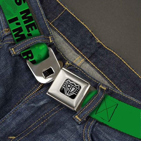 Buckle-Down BD Wings Logo CLOSE-UP Full Color Black Silver Seatbelt Belt - KISS ME I'M IRISH Clovers/Kisses Greens/Black Webbing