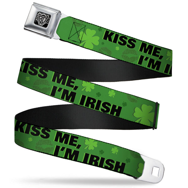Buckle-Down BD Wings Logo CLOSE-UP Full Color Black Silver Seatbelt Belt - KISS ME I'M IRISH Clovers/Kisses Greens/Black Webbing