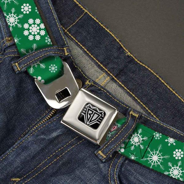 Buckle-Down BD Wings Logo CLOSE-UP Full Color Black Silver Seatbelt Belt - Snowflakes Green/White Webbing