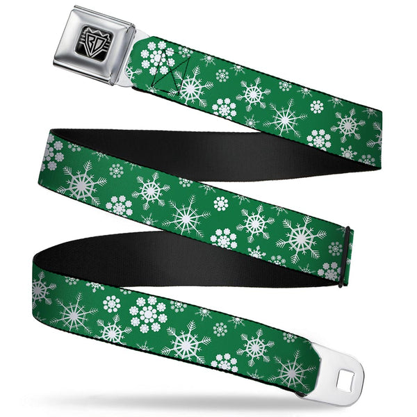 Buckle-Down BD Wings Logo CLOSE-UP Full Color Black Silver Seatbelt Belt - Snowflakes Green/White Webbing