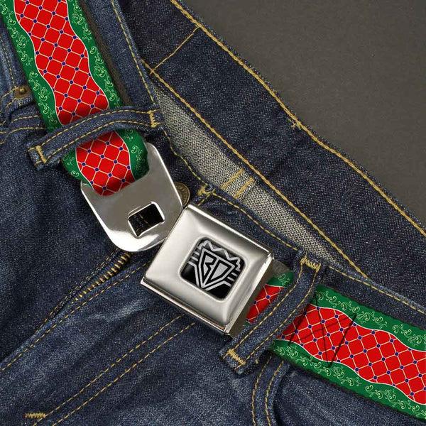 Buckle-Down BD Wings Logo CLOSE-UP Full Color Black Silver Seatbelt Belt - Holiday Trim Stripe Green/Red Webbing