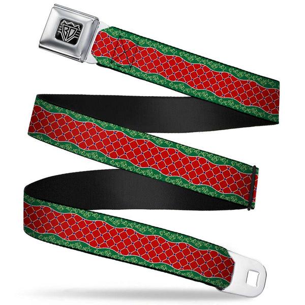 Buckle-Down BD Wings Logo CLOSE-UP Full Color Black Silver Seatbelt Belt - Holiday Trim Stripe Green/Red Webbing