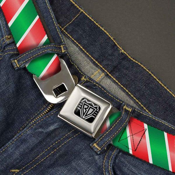 Buckle-Down BD Wings Logo CLOSE-UP Full Color Black Silver Seatbelt Belt - Candy Cane4 White/Red/Green Webbing