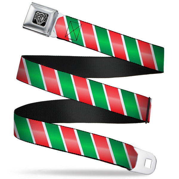 Buckle-Down BD Wings Logo CLOSE-UP Full Color Black Silver Seatbelt Belt - Candy Cane4 White/Red/Green Webbing