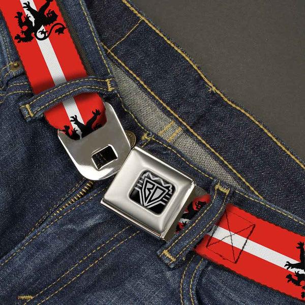 Buckle-Down BD Wings Logo CLOSE-UP Full Color Black Silver Seatbelt Belt - Rampant Lion Repeat/Stripes Red/White/Black Webbing