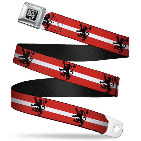 Buckle-Down BD Wings Logo CLOSE-UP Full Color Black Silver Seatbelt Belt - Rampant Lion Repeat/Stripes Red/White/Black Webbing