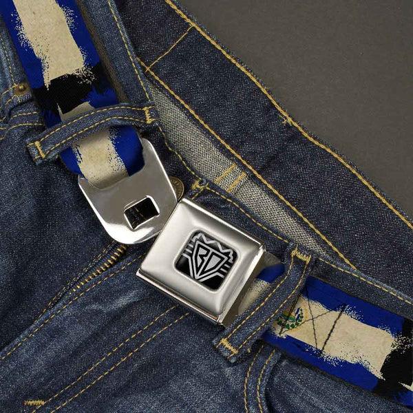 Buckle-Down BD Wings Logo CLOSE-UP Full Color Black Silver Seatbelt Belt - El Salvador Flag Distressed Painting Webbing