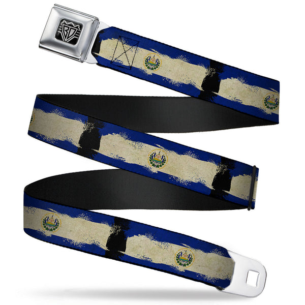 Buckle-Down BD Wings Logo CLOSE-UP Full Color Black Silver Seatbelt Belt - El Salvador Flag Distressed Painting Webbing