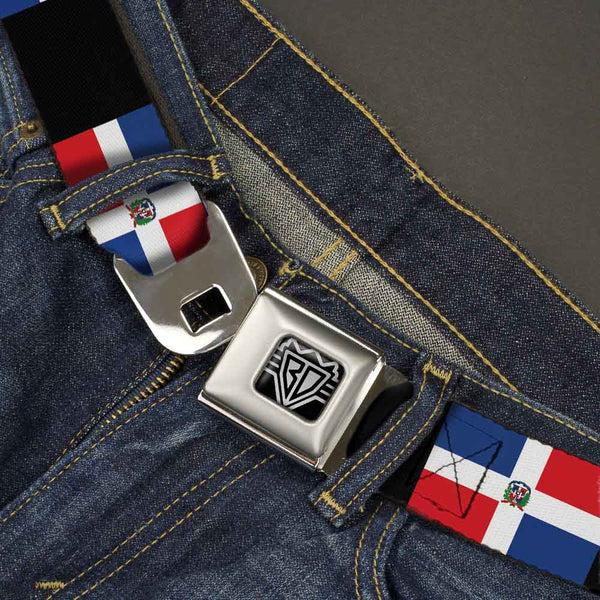 Buckle-Down BD Wings Logo CLOSE-UP Full Color Black Silver Seatbelt Belt - Dominican Republic Flags/Black Blocks Webbing