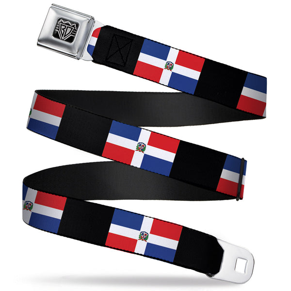 Buckle-Down BD Wings Logo CLOSE-UP Full Color Black Silver Seatbelt Belt - Dominican Republic Flags/Black Blocks Webbing