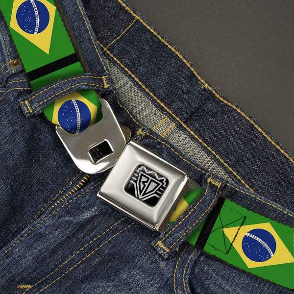 Buckle-Down BD Wings Logo CLOSE-UP Full Color Black Silver Seatbelt Belt - Brazil Flags Webbing