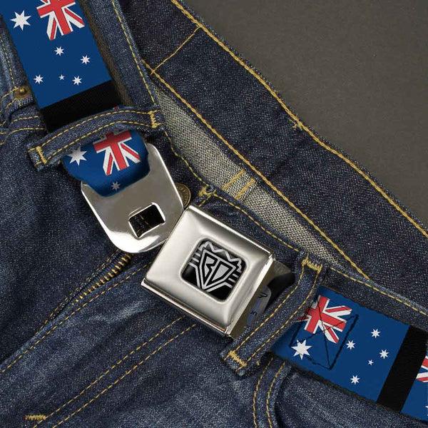 Buckle-Down BD Wings Logo CLOSE-UP Full Color Black Silver Seatbelt Belt - Australia Flags Webbing