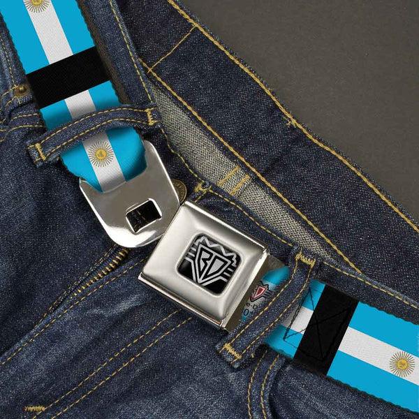 Buckle-Down BD Wings Logo CLOSE-UP Full Color Black Silver Seatbelt Belt - Argentina Flags Webbing