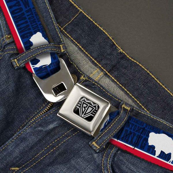 Buckle-Down BD Wings Logo CLOSE-UP Full Color Black Silver Seatbelt Belt - Wyoming Flags/WYOMING Typography Webbing