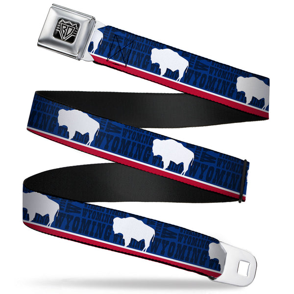 Buckle-Down BD Wings Logo CLOSE-UP Full Color Black Silver Seatbelt Belt - Wyoming Flags/WYOMING Typography Webbing