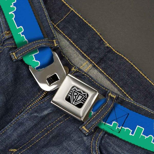 Buckle-Down BD Wings Logo CLOSE-UP Full Color Black Silver Seatbelt Belt - Seattle Skyline Blue/Green Webbing