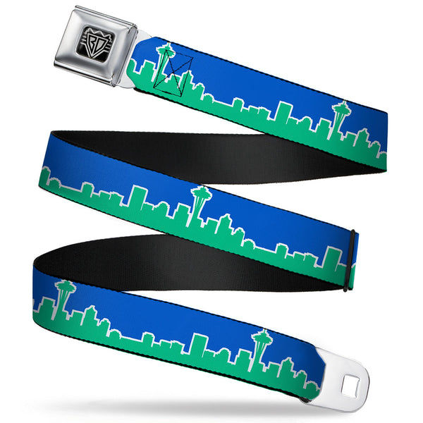 Buckle-Down BD Wings Logo CLOSE-UP Full Color Black Silver Seatbelt Belt - Seattle Skyline Blue/Green Webbing
