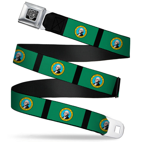 Buckle-Down BD Wings Logo CLOSE-UP Full Color Black Silver Seatbelt Belt - Washington Flags/Black Webbing