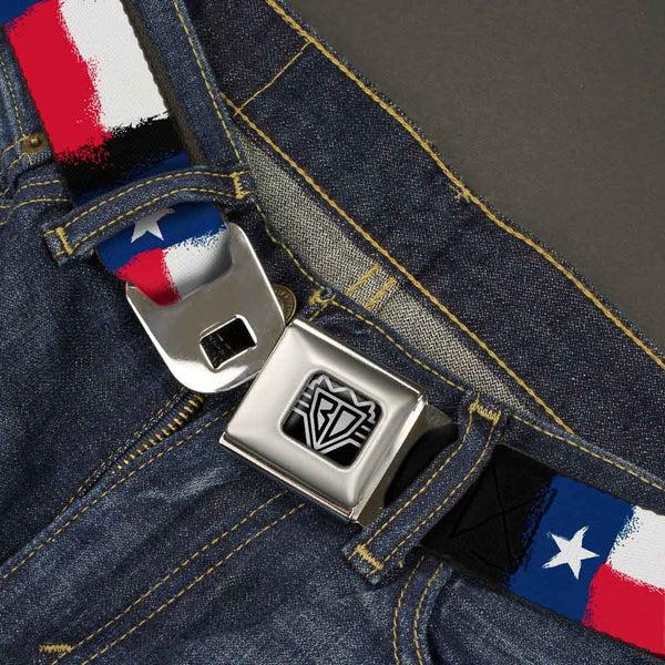 Buckle-Down BD Wings Logo CLOSE-UP Full Color Black Silver Seatbelt Belt - Texas Flag Painting Webbing