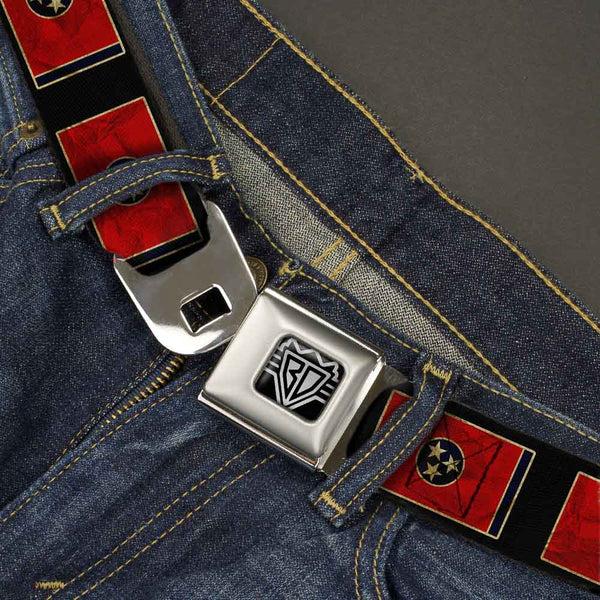 Buckle-Down BD Wings Logo CLOSE-UP Full Color Black Silver Seatbelt Belt - Tennessee Flag/Black Distressed Webbing