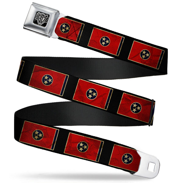 Buckle-Down BD Wings Logo CLOSE-UP Full Color Black Silver Seatbelt Belt - Tennessee Flag/Black Distressed Webbing