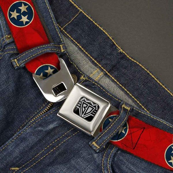 Buckle-Down BD Wings Logo CLOSE-UP Full Color Black Silver Seatbelt Belt - Tennessee Flag Stars CLOSE-UP Distressed Webbing