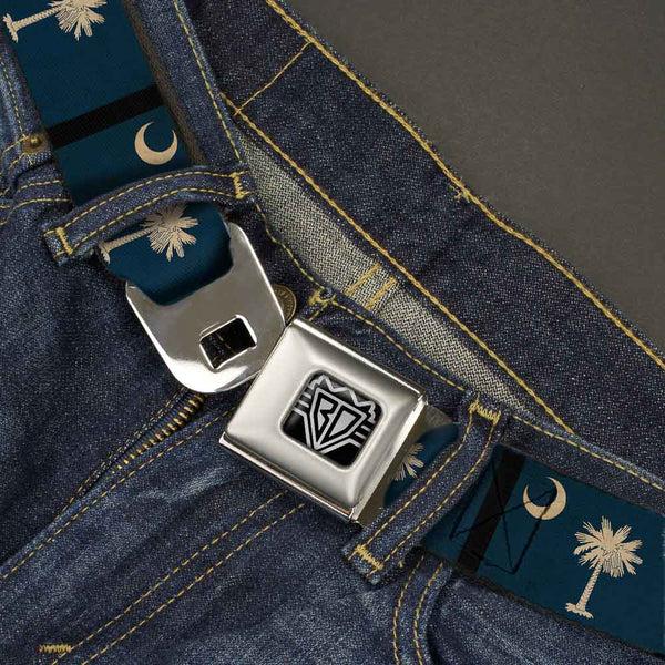 Buckle-Down BD Wings Logo CLOSE-UP Full Color Black Silver Seatbelt Belt - South Carolina Flag Distressed/Black Webbing